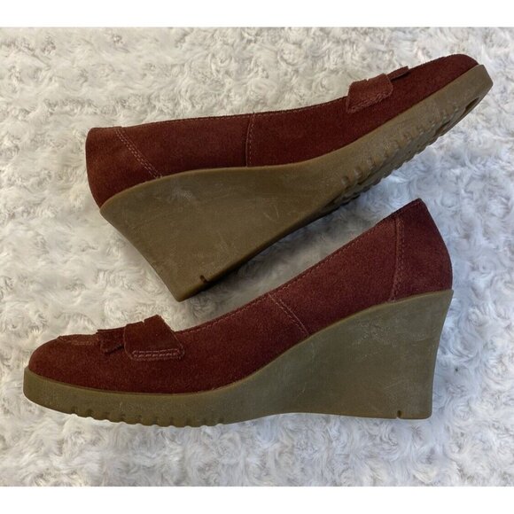 UGG Shoes - UGG Australia size 10 Leather Suede Slip On loafer wedge Heel Burgundy Fur Lined